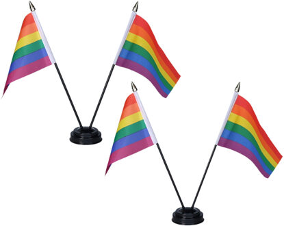 Regenboog Pride tafelvlaggetjes set 2x - dubbel op 1 standaard - 10 x 15 cm mini vlaggen