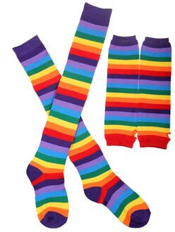 Regenboog Strips Arm Warmer Been Stocking Kleurrijke Dij Hoge Sokken Vingerloze Handschoenen Mouw Set Voor Vrouwen Meisjes
