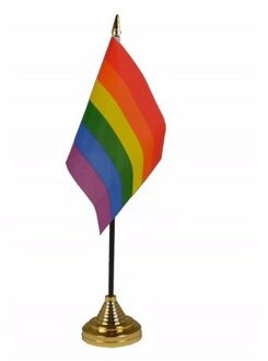 Regenboog tafelvlaggetje - 10 x 15 cm - op gouden standaard - 27 cm - versiering - pride Multi