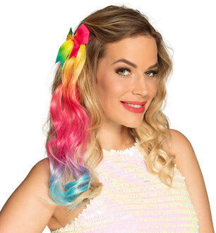 Regenboog verkleed hair extension met strik op clip 33 cm - Verkleedhaardecoratie Multikleur