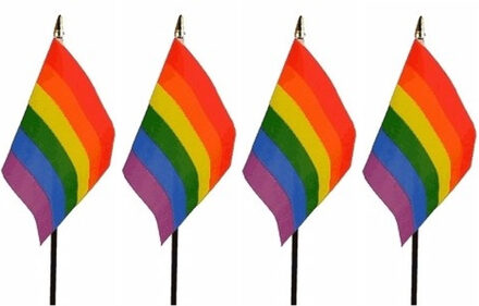 Regenboog vlaggetje - 4x - 15 x 10 cm - polyester - op stokje - 27 cm