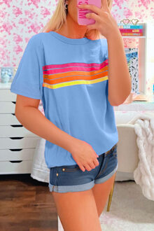 Regenbooggestreept T-shirt Casual Stijl Lichtblauw