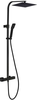 Regendouche Quartos - Met Thermostatische Kraan - Zwart - Mat - Vierkant - Met Handdouche - 15cm Hartafstand - 1-straals - Waterbesparend