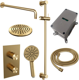 Regendoucheset Inbouw Brauer Gold Carving Thermostatisch 20cm met 3-Weg Omstelling, Gebogen Wandarm, Glijstang en Handdouche 3-Standen Geborsteld Goud