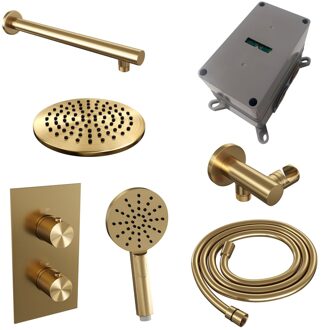 Regendoucheset Inbouw Brauer Gold Carving Thermostatisch 20cm met 3-Weg Omstelling, Wandarm en 3-Standen Handdouche Geborsteld Goud