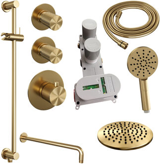 Regendoucheset Inbouw Brauer Gold Carving Thermostatisch 20cm met Gebogen Wandarm, Glijstang en Handdouche 3-Standen Losse Stopkranen Geborsteld Goud