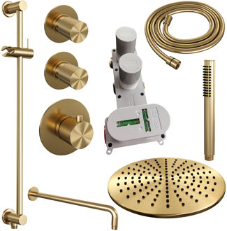 Regendoucheset Inbouw Brauer Gold Carving Thermostatisch 30cm met Gebogen Wandarm, Glijstang en Handdouche Staaf Losse Stopkranen Geborsteld Goud