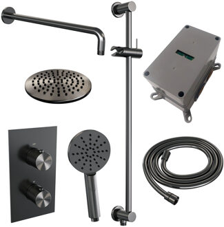 Regendoucheset Inbouw Brauer Gunmetal Carving Thermostatisch 20cm met 3-Weg Omstelling, Gebogen Wandarm, Glijstang en Handdouche 3-Standen Geborsteld Gunmetal