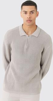Regular Fit 1/4 Zip Funnel Fisherman Knit Sweater, Light Grey - M