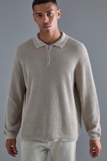 Regular Fit 1/4 Zip Funnel Fisherman Knit Sweater, Stone - XL