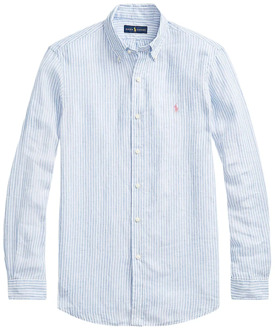 Regular fit button down-overhemd van linnen met streepdessin Lichtblauw