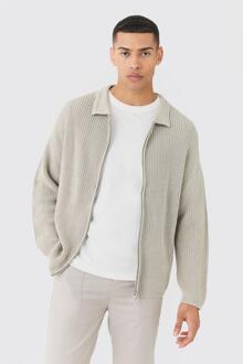 Regular Fit Dual Zip Through Fisherman Knit Sweater, Light Grey - XS