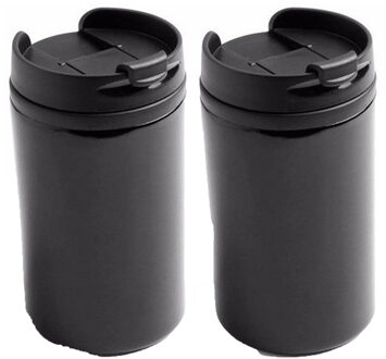 Reisbeker - 2x - 300 ml - zwart - thermosbeker - 15 x 7 cm - RVS