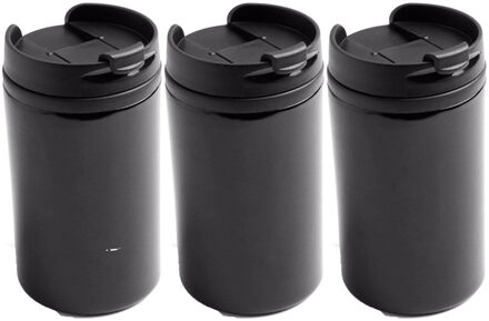 Reisbeker - 3x - 300 ml - zwart - thermosbeker - 15 x 7 cm - RVS