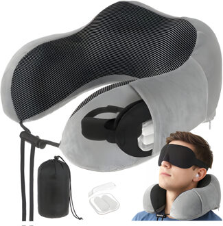 Reiskussen set - nekkussen - grijs - traagschuim - slaapmasker - oordopjes