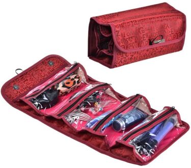 Reizen Roll-Up Cosmetische Make-Up Case Opvouwbare Organizer Pouch Opknoping Toilettas Wash Bag Opbergzakken 4 Rits Compartiment Rood