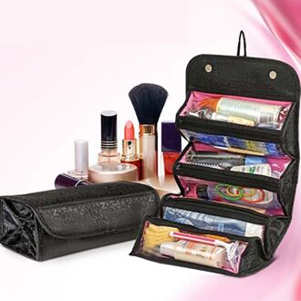 Reizen Roll-Up Cosmetische Make-Up Case Opvouwbare Organizer Pouch Opknoping Toilettas Wash Bag Opbergzakken 4 Rits Compartiment zwart