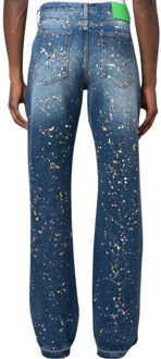 Relax-slim-fit blauwe jeans met gebroken witte verf