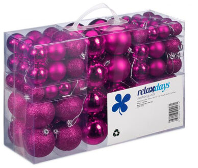 Relaxdays 100x Fuchsia roze kunststof kerstballen 3, 4 en 6 cm glitter, mat, glans - Kerstbal