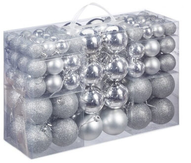 Relaxdays 100x Zilveren kunststof kerstballen 3, 4 en 6 cm glitter, mat, glans