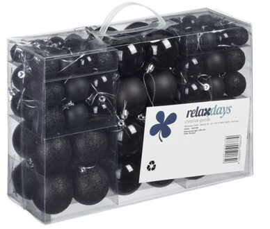 Relaxdays 100x Zwarte kunststof kerstballen 3, 4 en 6 cm glitter, mat, glans