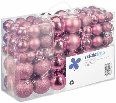 Relaxdays kerstballen - 100x st - roze - 3, 4 en 6 cm - kunststof - mat/glans/glitter