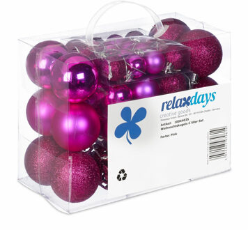 Relaxdays kerstballen - 50x st - fuchsia roze - 3, 4 en 6 cm - kunststof - mat/glans/glitter