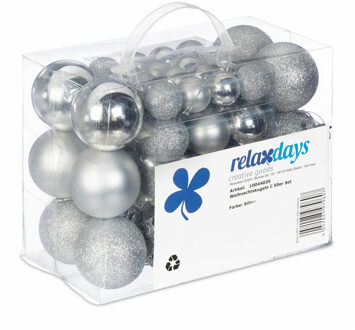Relaxdays kerstballen - 50x st - zilver - 3, 4 en 6 cm - kunststof - mat/glans/glitter