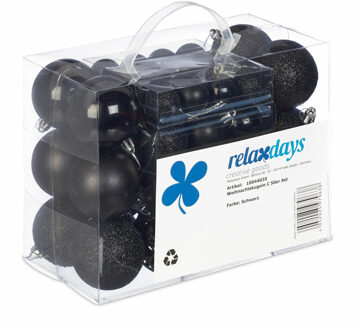 Relaxdays kerstballen - 50x st - zwart - 3, 4 en 6 cm - kunststof - mat/glans/glitter