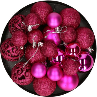 Relaxdays Kerstballen - 50x stuks - felroze - 3, 4, 6 cm - kunststof - mat/glans/glitter - Kerstbal