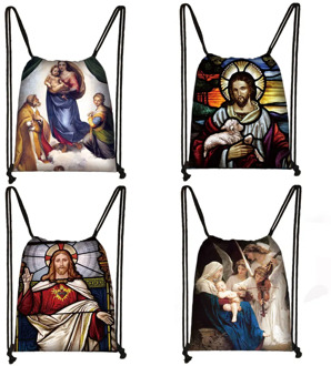 Religion Jesus Mary Angel Print Drawstring Bag Women Canvas Storage Bags for Travel Portable Backpack Bookbag Shoes Holder