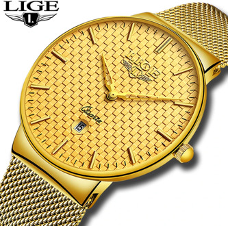 Relogio Masculino LIGE Fashion Mens Watches Top Brand Luxury Ultra Thin Quartz Watch Men Steel Mesh Strap Waterproof Gold Watch
