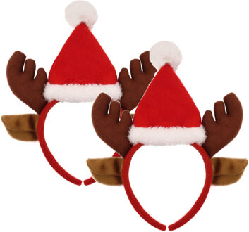 Rendier diadeem - 2x - gewei met kerstmuts - bruin met rood - 22 cm - haarband