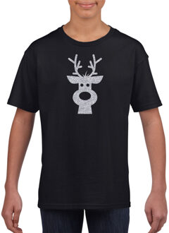 Rendier hoofd Kerst t-shirt zwart voor kinderen met zilveren glitter bedrukking M (116-134)