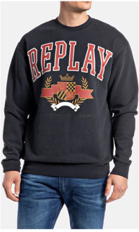 Replay Katoenen Fleece Sweater met Ronde Hals Replay , Black , Heren - 2Xl,Xl,L,M
