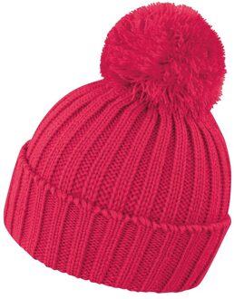 Result Grof gebreide winter muts roze/rood voor volwassenen - Warme muts framboosrood met pompon