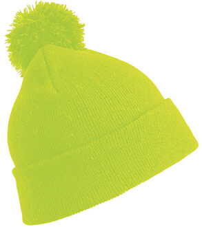 Result Trendy warme wintermuts in het fluor geel met pom pom voor kinderen - Jongens en meisjes model muts - 100% polyacryl