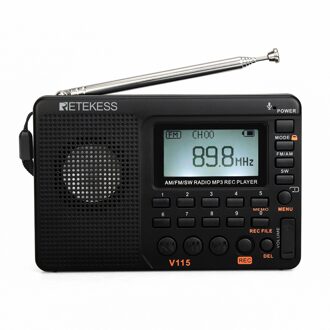 Retekess V115 Fm/Am/Sw Radio Ontvanger Bass Sound MP3 Speler Rec Recorder Draagbare Radio Met Sleep Timer tf Card Draagbare Pocket