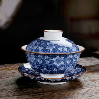 Retro Blue and White Porcelain Gaiwan Cover Bowl Tea Cup Ceramic Sancai Tea Set Household Thick Heat-resistant Kung Fu Teaset