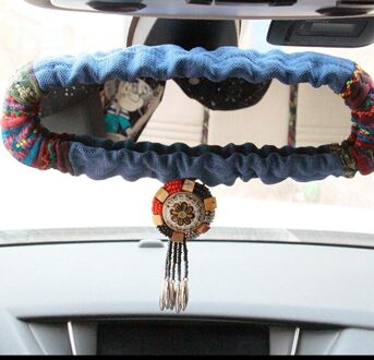 Retro Bohemen Auto Achteruitkijkspiegel Cover Interieur Accessoires Universele Bead Strass Auto Spiegel Decoratie Voor Vrouwen Meisjes Blauw