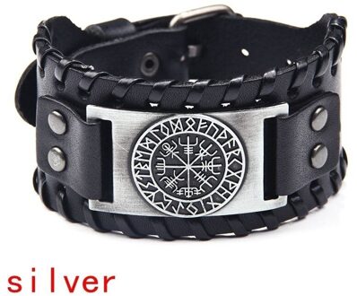Retro Brede Leren Piraat Kompas Armband Mannen Armband Keltische Viking Sieraden Kompas Armband Accessoires Party zilver