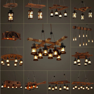 Retro Chandelier Wood Lamp Glass Lampshade Bar Industrial Style Loft Solid Restaurant Coffee Shop E27 Iron Chain Chandelier