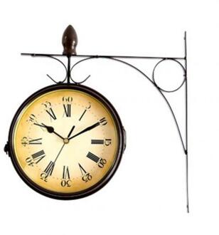 Retro Dubbelzijdig Muurbeugel Klok Quartz Glas Spiegel Wandklok Thuis Woonkamer Slaapkamer Decor Opknoping Klokken Bruin