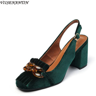 Retro Green Plastic Chain Sandals Fairy Style New Summer Velvet Tassels Buckle Thick Heel French Word with High Heels Women