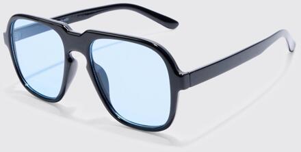 Retro High Brow Sunglasses With Blue Lens, Black - ONE SIZE