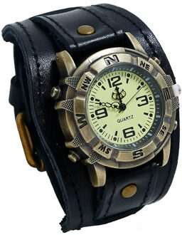 Retro Horloge Mannen Punk Retro Eenvoudige Pin Gesp Riem Lederen Band Horloge Relogio Masculino Bruin Grote Brede Lederen Armband Manchet mannen zwart