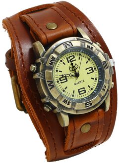 Retro Horloge Mannen Punk Retro Eenvoudige Pin Gesp Riem Lederen Band Horloge Relogio Masculino Bruin Grote Brede Lederen Armband Manchet mannen