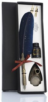 Retro Kalligrafie Veer Dip Pen Met 2 Nib Set Schrijven Geschenkdoos Quill Fontein Schrijven Creatieve Vintage Briefpapier Klassieke Tex Blauw