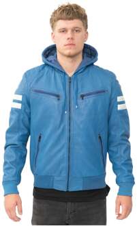 Retro leren herenbomberjack met capuchon - Skopje Blauw - 4XL