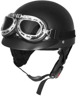 Retro Mat Zwart Motorcycle Half Gezicht Helm Biker Scooter Met Zonneklep Uv Goggles Cafe Racer